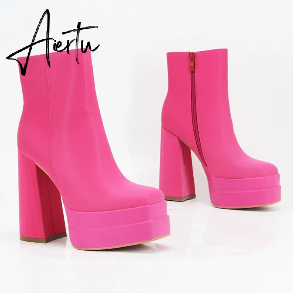 Aiertu New Ankle Boots Women Quality Platform Boots Female Fashion Short Boot Black Chunky High Heel Women Shoes Big Size 41 Aiertu