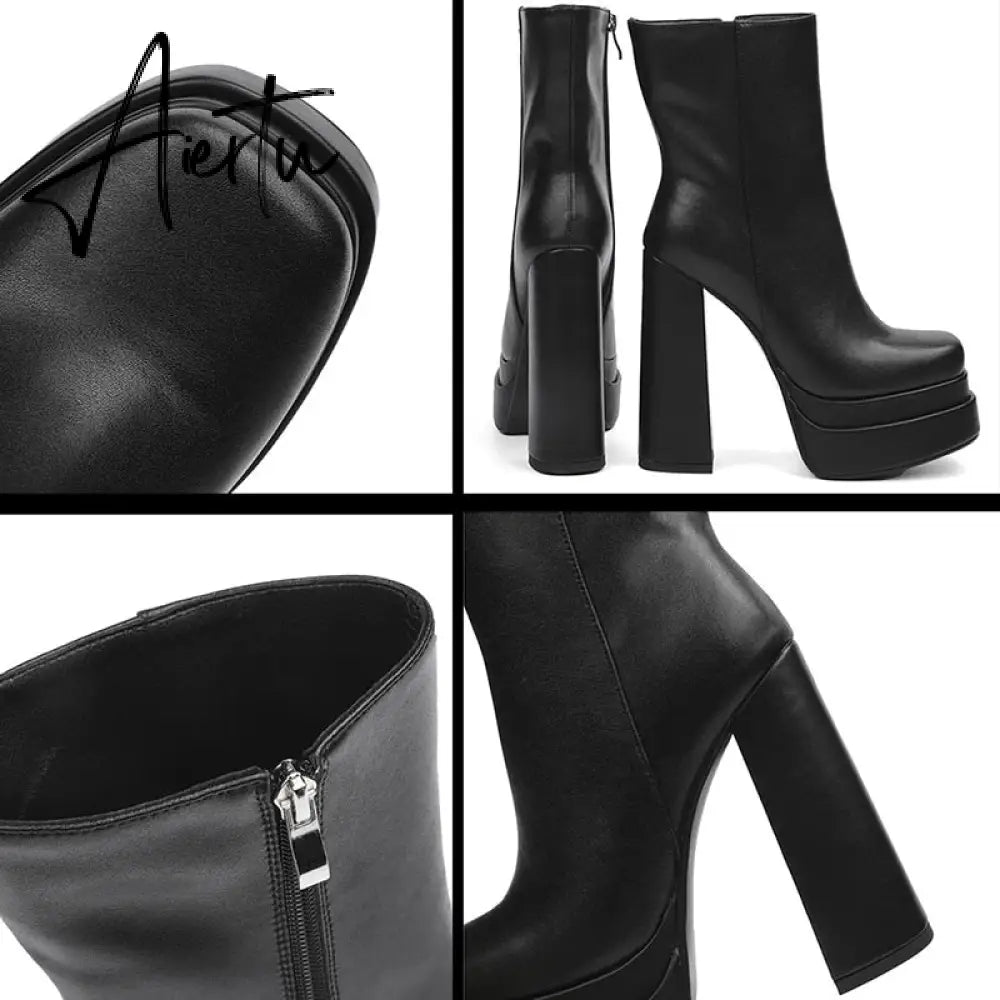 Aiertu New Ankle Boots Women Quality Platform Boots Female Fashion Short Boot Black Chunky High Heel Women Shoes Big Size 41 Aiertu
