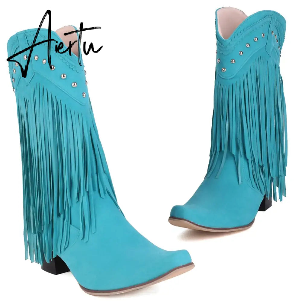 Aiertu  New Arrival Cowboy Western Long knee-high Boots Women Stacked Heeled Fringe Retro Casual Ridding Boots Autumn Shoes Aiertu