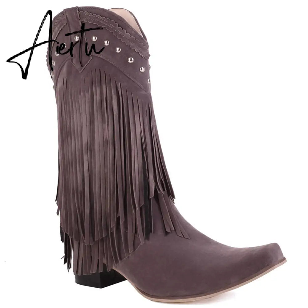 Aiertu  New Arrival Cowboy Western Long knee-high Boots Women Stacked Heeled Fringe Retro Casual Ridding Boots Autumn Shoes Aiertu