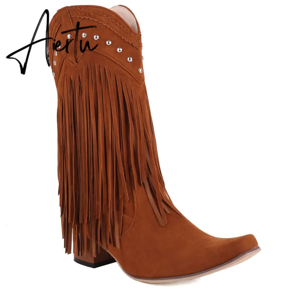 Aiertu  New Arrival Cowboy Western Long knee-high Boots Women Stacked Heeled Fringe Retro Casual Ridding Boots Autumn Shoes Aiertu