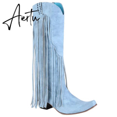 Aiertu  New Arrival Cowboy Western Long knee-high Boots Women Stacked Heeled Fringe Retro Casual Ridding Boots Autumn Shoes Aiertu