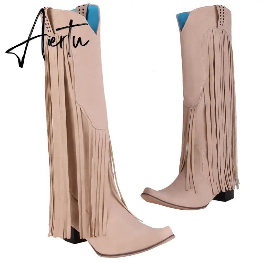 Aiertu  New Arrival Cowboy Western Long knee-high Boots Women Stacked Heeled Fringe Retro Casual Ridding Boots Autumn Shoes Aiertu