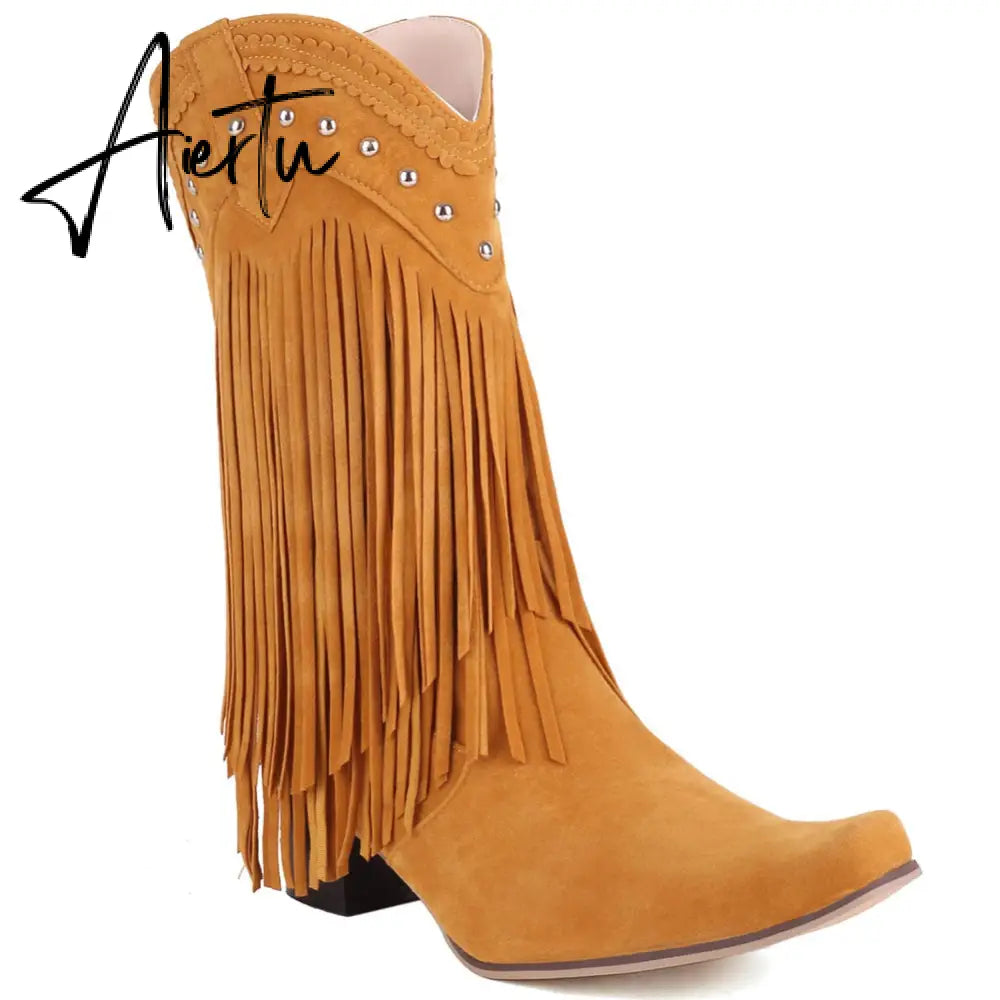 Aiertu  New Arrival Cowboy Western Long knee-high Boots Women Stacked Heeled Fringe Retro Casual Ridding Boots Autumn Shoes Aiertu