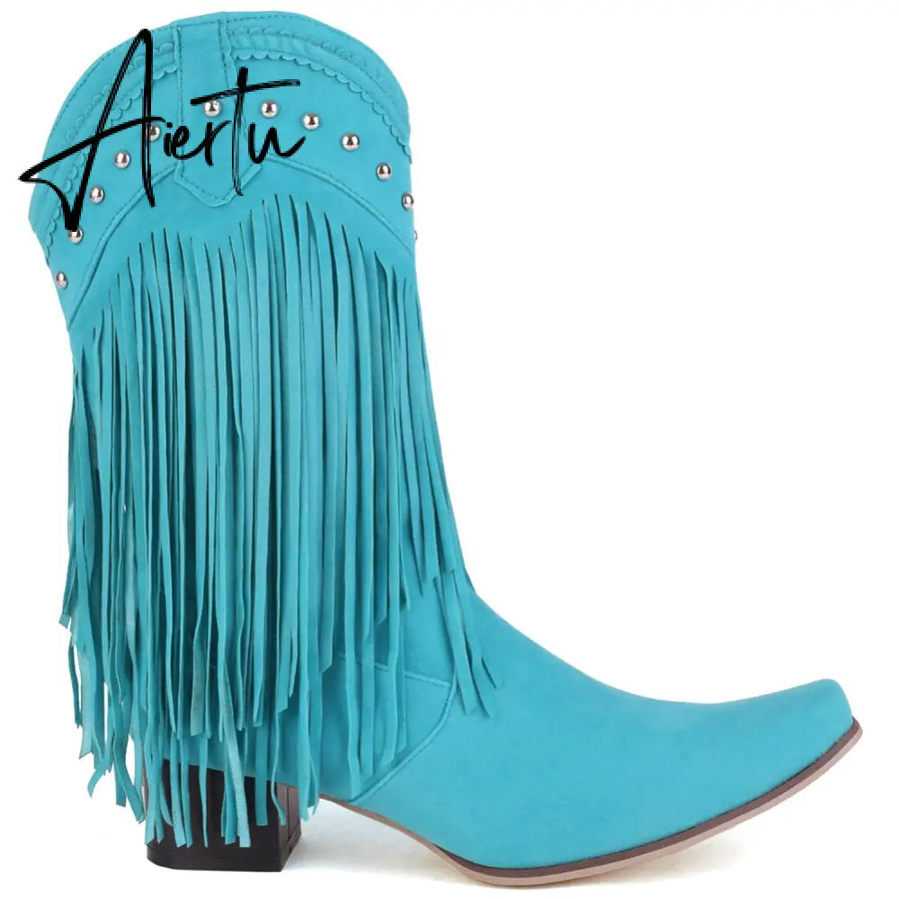 Aiertu  New Arrival Cowboy Western Long knee-high Boots Women Stacked Heeled Fringe Retro Casual Ridding Boots Autumn Shoes Aiertu