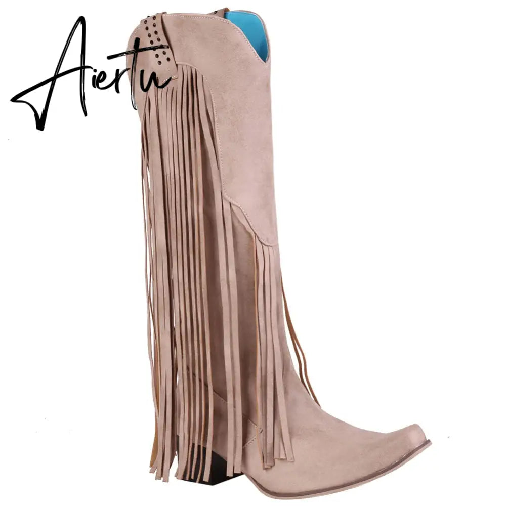 Aiertu  New Arrival Cowboy Western Long knee-high Boots Women Stacked Heeled Fringe Retro Casual Ridding Boots Autumn Shoes Aiertu