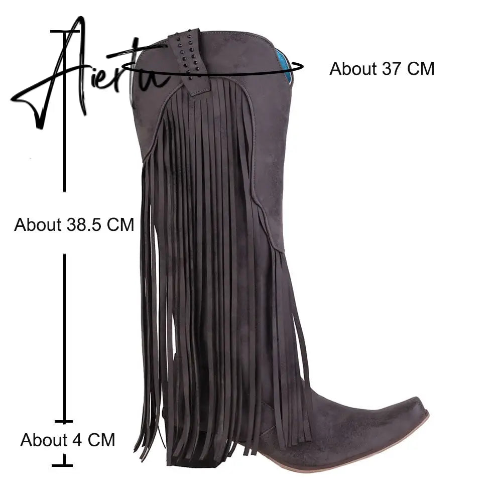 Aiertu  New Arrival Cowboy Western Long knee-high Boots Women Stacked Heeled Fringe Retro Casual Ridding Boots Autumn Shoes Aiertu