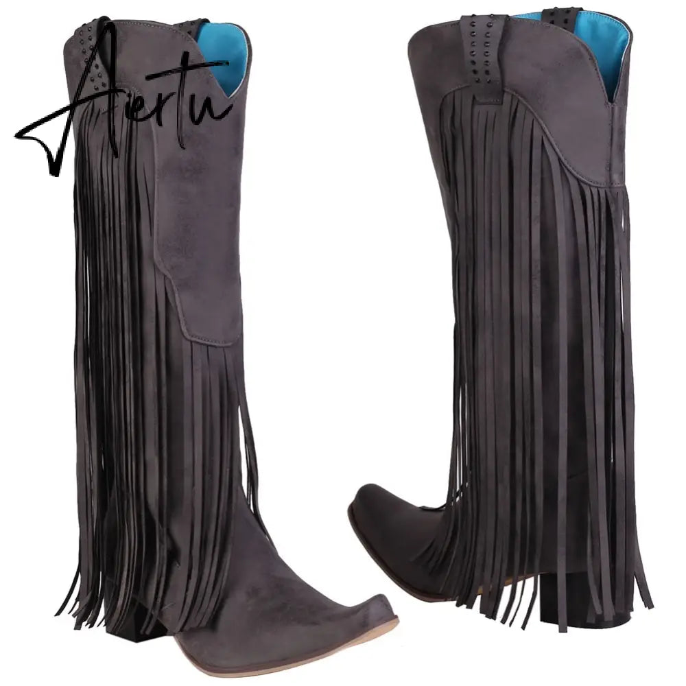 Aiertu  New Arrival Cowboy Western Long knee-high Boots Women Stacked Heeled Fringe Retro Casual Ridding Boots Autumn Shoes Aiertu