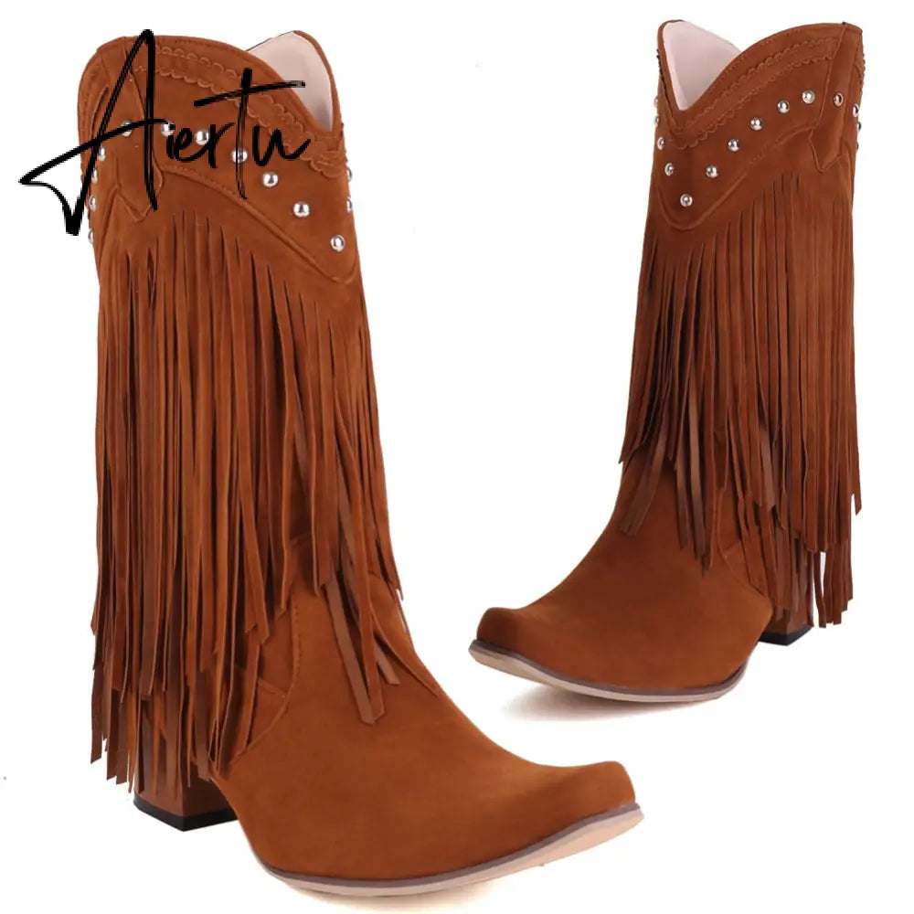 Aiertu  New Arrival Cowboy Western Long knee-high Boots Women Stacked Heeled Fringe Retro Casual Ridding Boots Autumn Shoes Aiertu