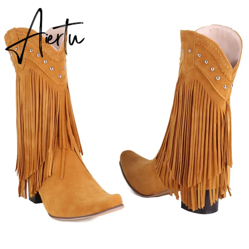 Aiertu  New Arrival Cowboy Western Long knee-high Boots Women Stacked Heeled Fringe Retro Casual Ridding Boots Autumn Shoes Aiertu