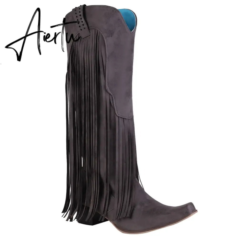 Aiertu  New Arrival Cowboy Western Long knee-high Boots Women Stacked Heeled Fringe Retro Casual Ridding Boots Autumn Shoes Aiertu