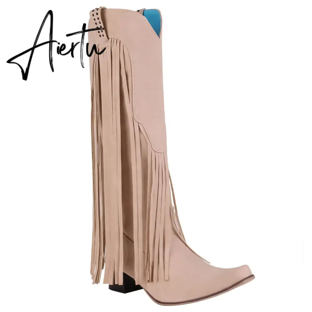 Aiertu  New Arrival Cowboy Western Long knee-high Boots Women Stacked Heeled Fringe Retro Casual Ridding Boots Autumn Shoes Aiertu