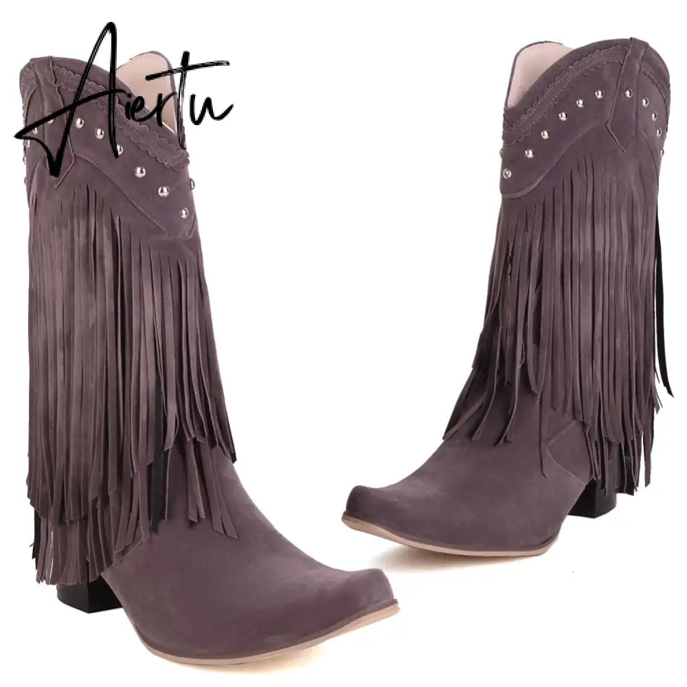 Aiertu  New Arrival Cowboy Western Long knee-high Boots Women Stacked Heeled Fringe Retro Casual Ridding Boots Autumn Shoes Aiertu