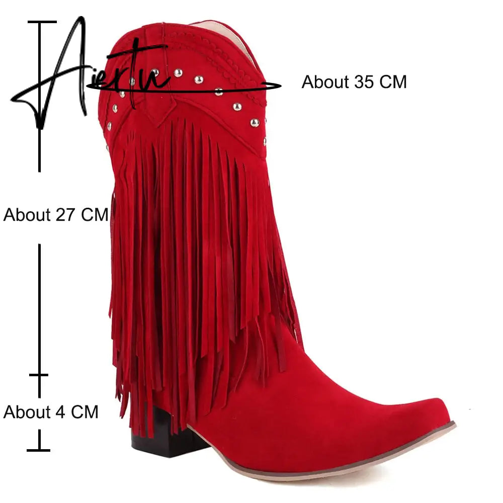 Aiertu  New Arrival Cowboy Western Long knee-high Boots Women Stacked Heeled Fringe Retro Casual Ridding Boots Autumn Shoes Aiertu