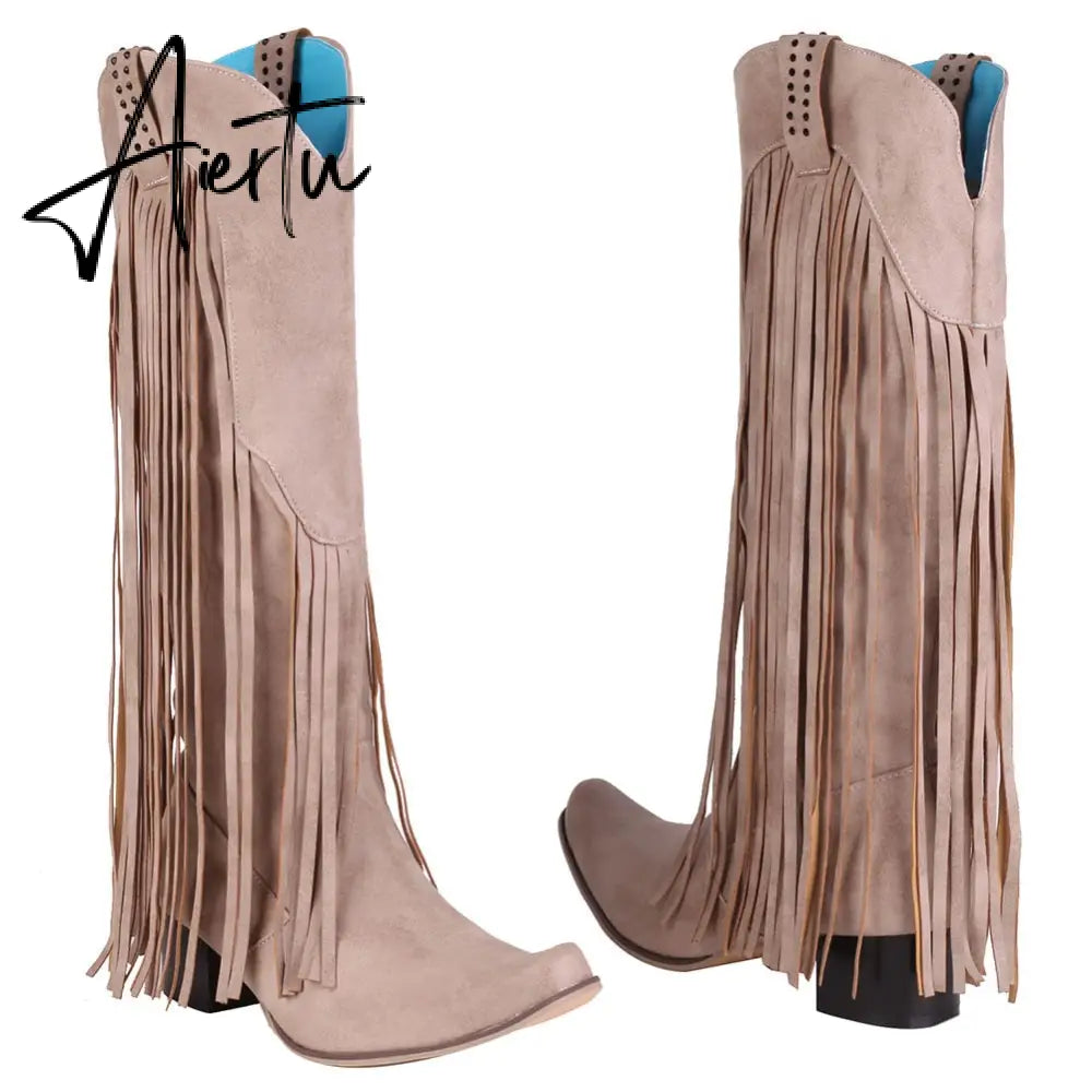 Aiertu  New Arrival Cowboy Western Long knee-high Boots Women Stacked Heeled Fringe Retro Casual Ridding Boots Autumn Shoes Aiertu