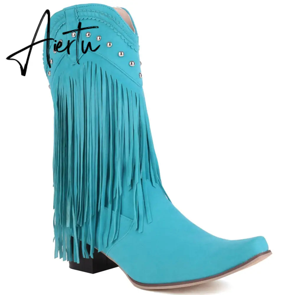 Aiertu  New Arrival Cowboy Western Long knee-high Boots Women Stacked Heeled Fringe Retro Casual Ridding Boots Autumn Shoes Aiertu