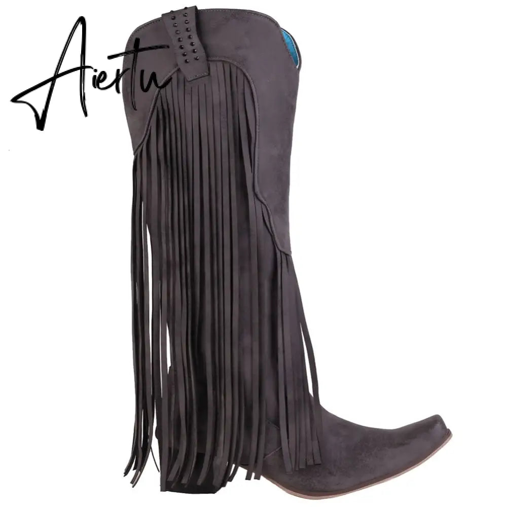 Aiertu  New Arrival Cowboy Western Long knee-high Boots Women Stacked Heeled Fringe Retro Casual Ridding Boots Autumn Shoes Aiertu