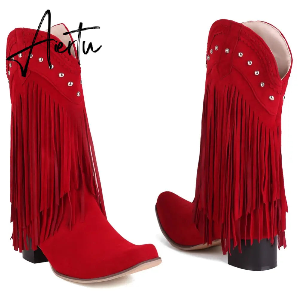 Aiertu  New Arrival Cowboy Western Long knee-high Boots Women Stacked Heeled Fringe Retro Casual Ridding Boots Autumn Shoes Aiertu