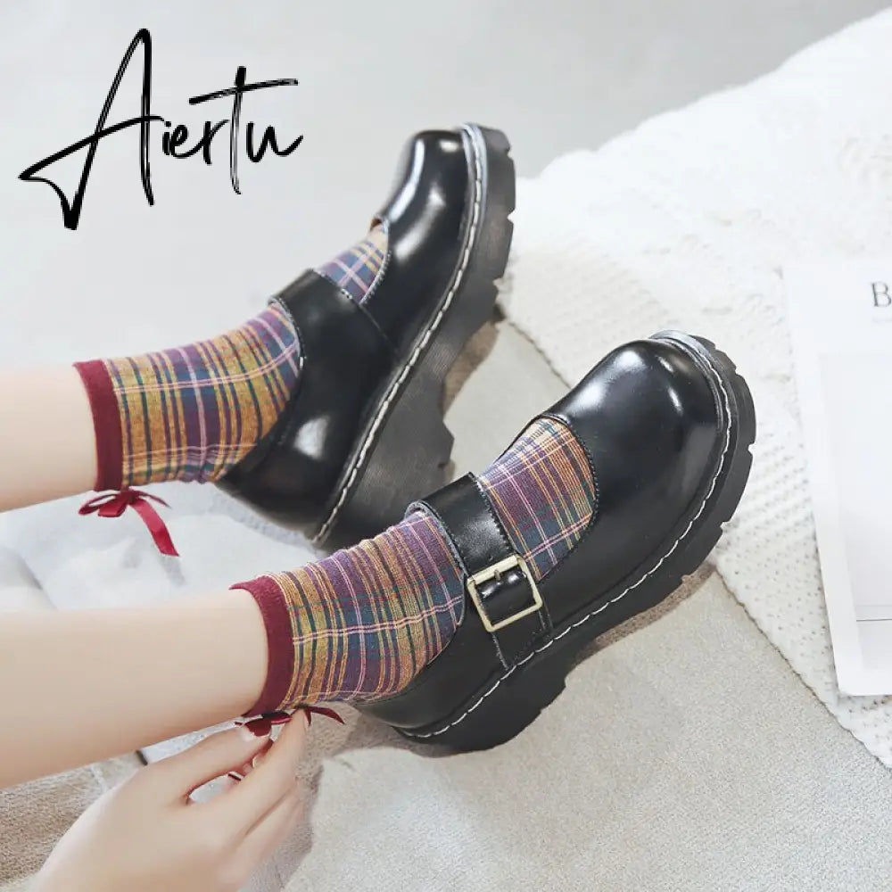 Aiertu New Arrival Japanese Style Vintage Buckle Mary Janes Shoes Women'S Shallow Mouth Casual Student Leather Shoes Thick Bottom Aiertu