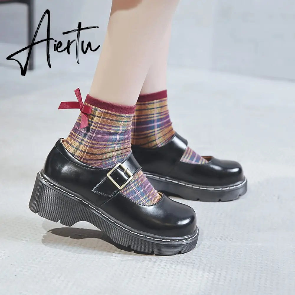 Aiertu New Arrival Japanese Style Vintage Buckle Mary Janes Shoes Women'S Shallow Mouth Casual Student Leather Shoes Thick Bottom Aiertu