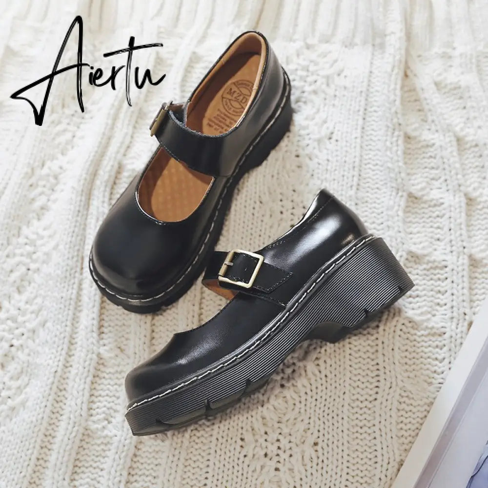 Aiertu New Arrival Japanese Style Vintage Buckle Mary Janes Shoes Women'S Shallow Mouth Casual Student Leather Shoes Thick Bottom Aiertu