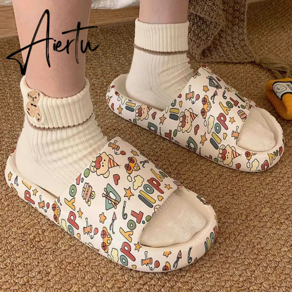 Aiertu New Arrivals Slippers For Women Indoor Home Summer Student Soft Sole Slides Fashion Ins Cartoon Graffiti Flip Flops Aiertu