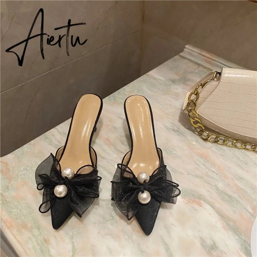 Aiertu New Baotou Half Drag Thin Heel Bow Sandals Pointed Pearl High Heel Muller Shoes Aiertu