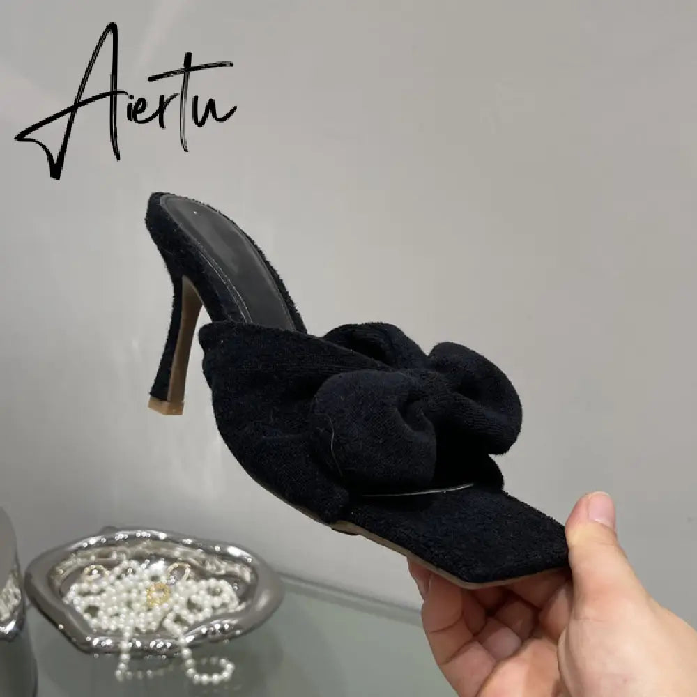 Aiertu New Brand Corduroy Square Toe Women Slipper Fashion Bow-knot Ladies Elegant Slides Thin High Heel Sandal Shoes Aiertu