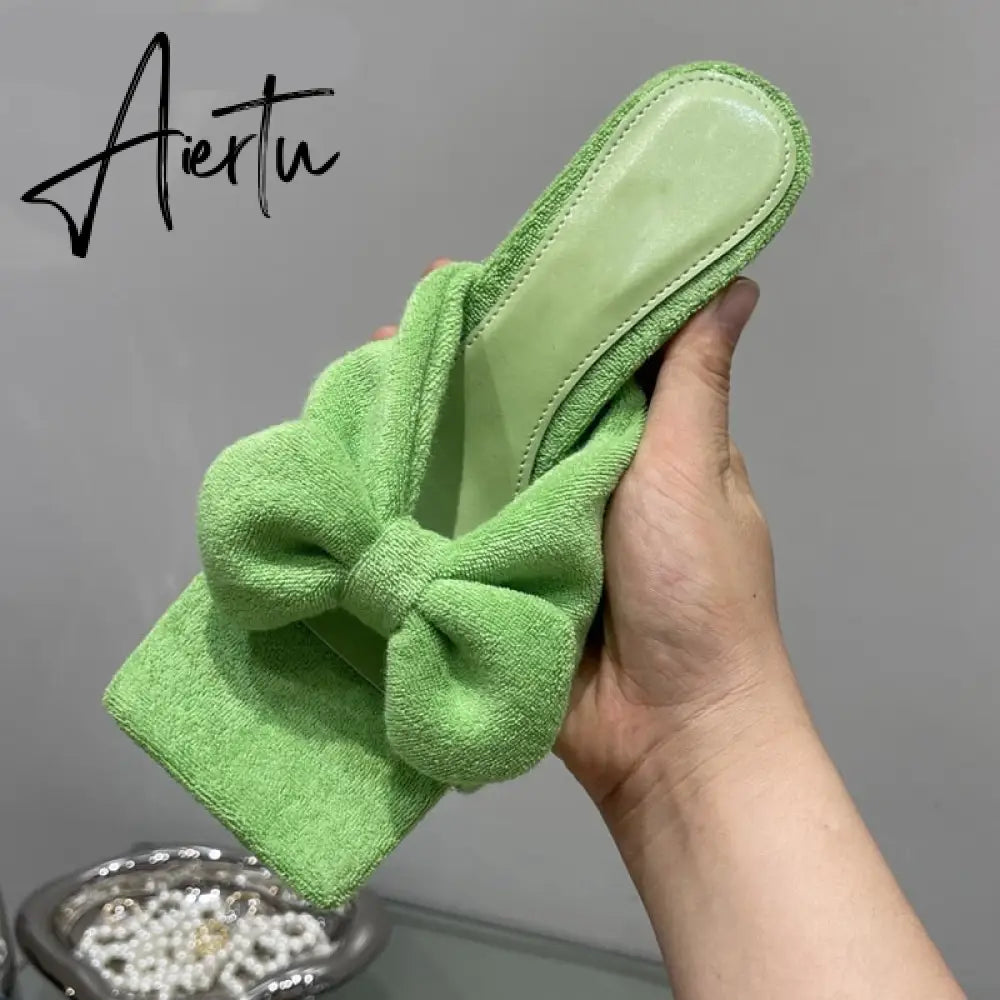 Aiertu New Brand Corduroy Square Toe Women Slipper Fashion Bow-knot Ladies Elegant Slides Thin High Heel Sandal Shoes Aiertu