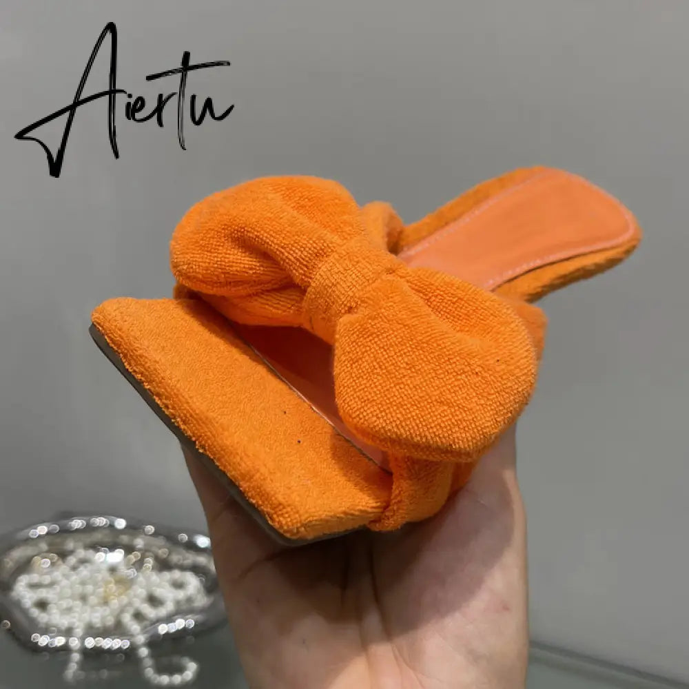 Aiertu New Brand Corduroy Square Toe Women Slipper Fashion Bow-knot Ladies Elegant Slides Thin High Heel Sandal Shoes Aiertu