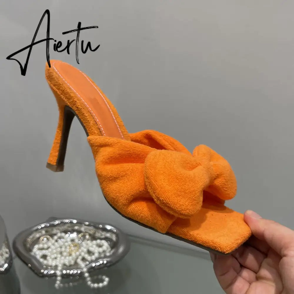 Aiertu New Brand Corduroy Square Toe Women Slipper Fashion Bow-knot Ladies Elegant Slides Thin High Heel Sandal Shoes Aiertu