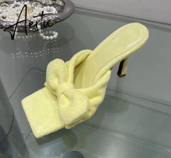 Aiertu New Brand Corduroy Square Toe Women Slipper Fashion Bow-knot Ladies Elegant Slides Thin High Heel Sandal Shoes Aiertu