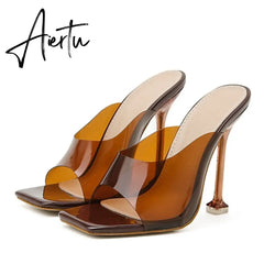 Aiertu New Brand Fashion Square Toe Slippers Women Summer Brown PVC Transparent Jelly Sandals Crystal Perspex Heels Pumps Aiertu