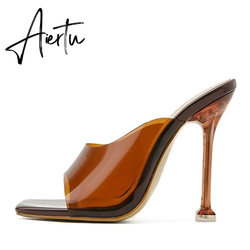 Aiertu New Brand Fashion Square Toe Slippers Women Summer Brown PVC Transparent Jelly Sandals Crystal Perspex Heels Pumps Aiertu