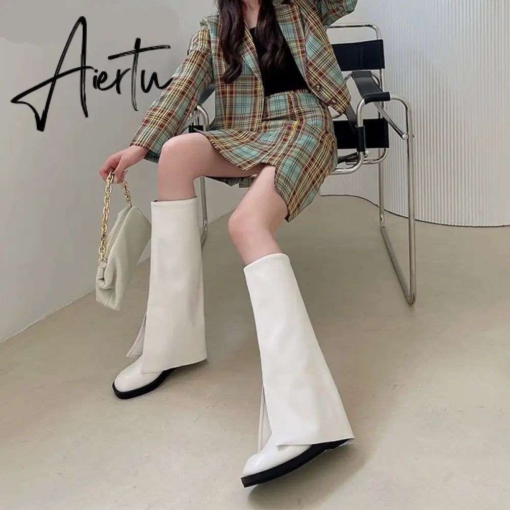 Aiertu New Brand Women Boots Knee-high Flat Heel Long Boots Shoes Ladies Winter Slip On Square Toe Casual Martin Boots Aiertu