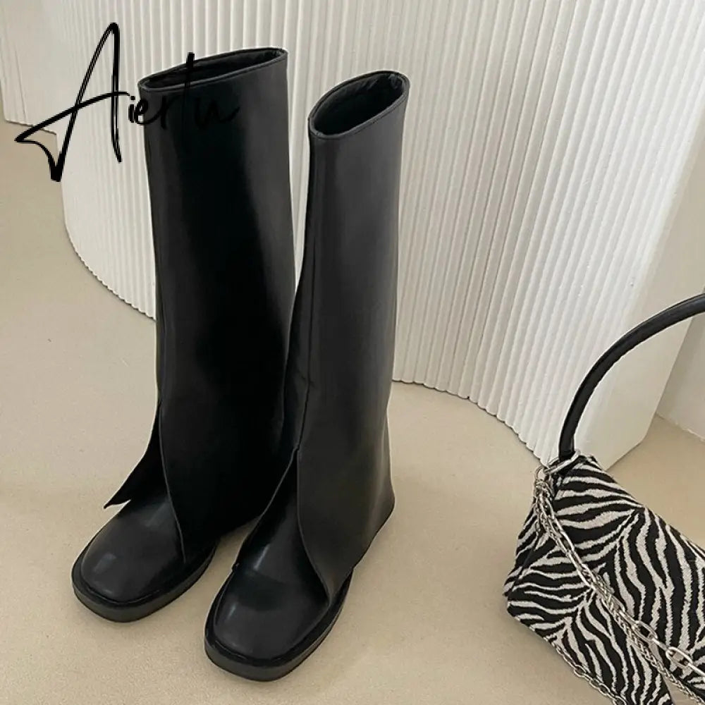 Aiertu New Brand Women Boots Knee-high Flat Heel Long Boots Shoes Ladies Winter Slip On Square Toe Casual Martin Boots Aiertu