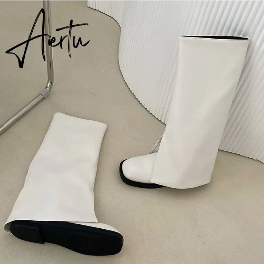 Aiertu New Brand Women Boots Knee-high Flat Heel Long Boots Shoes Ladies Winter Slip On Square Toe Casual Martin Boots Aiertu