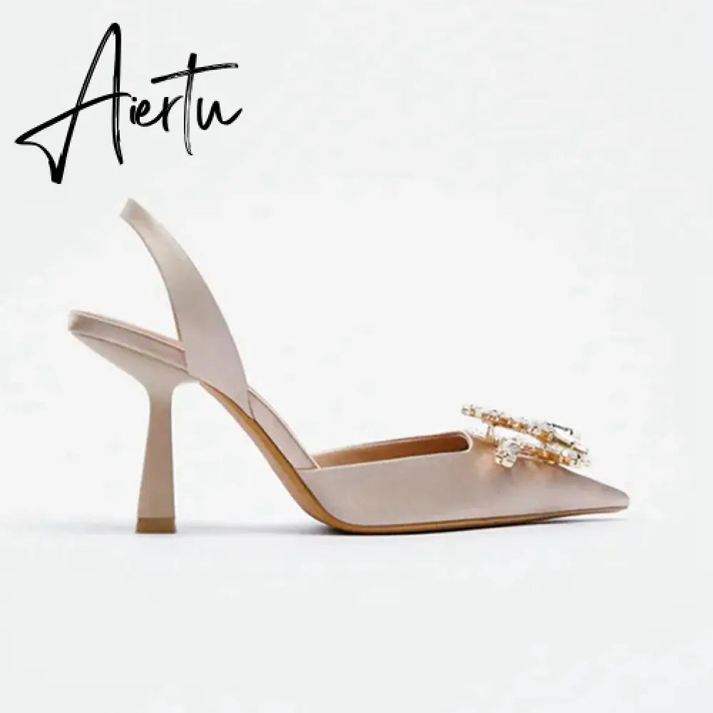 Aiertu New Brand Women Slingback Shoes Fashion Bling Crystal Sandal Ladies Thin High Heel Pointed Toe Shallow Slip On Mules M Aiertu