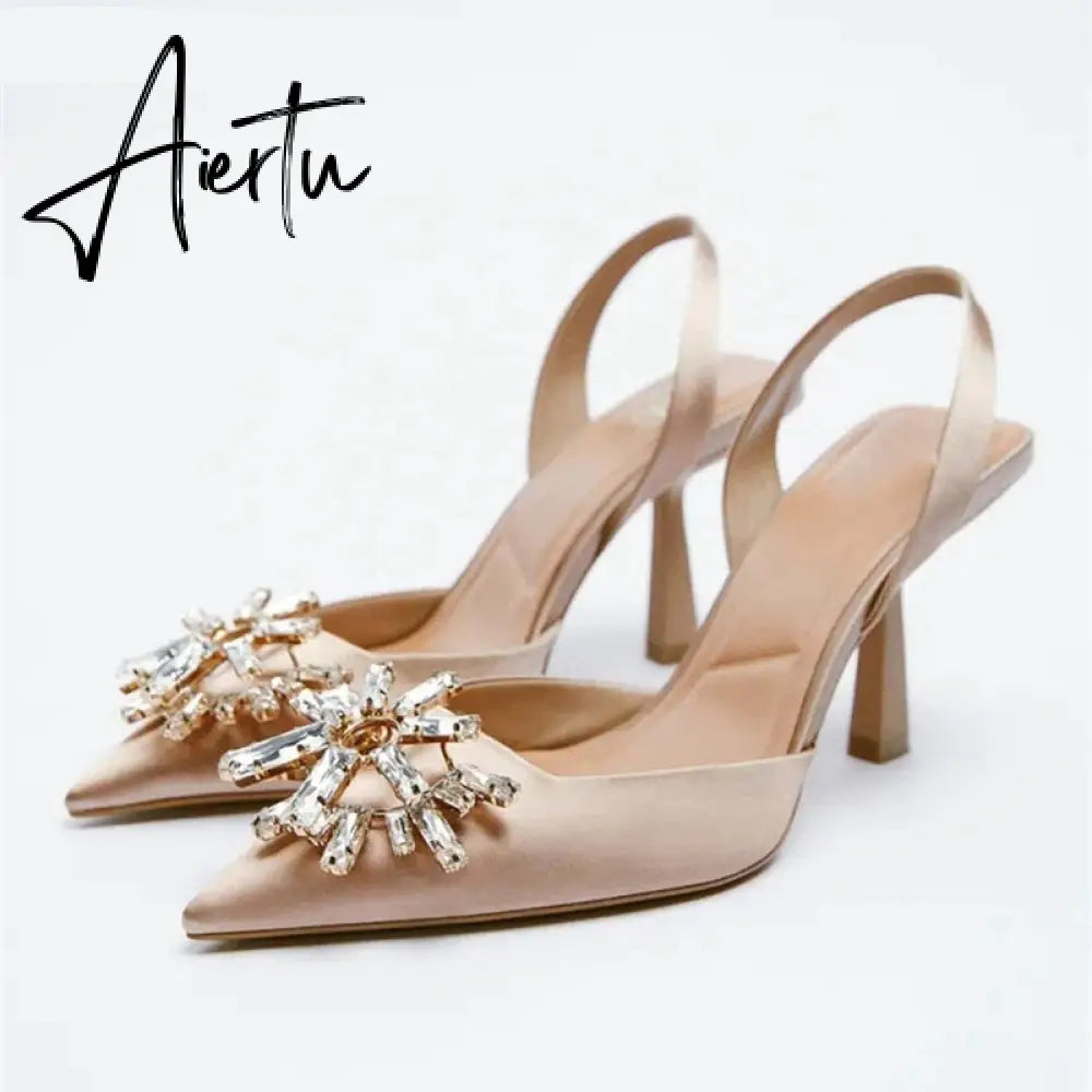 Aiertu New Brand Women Slingback Shoes Fashion Bling Crystal Sandal Ladies Thin High Heel Pointed Toe Shallow Slip On Mules M Aiertu