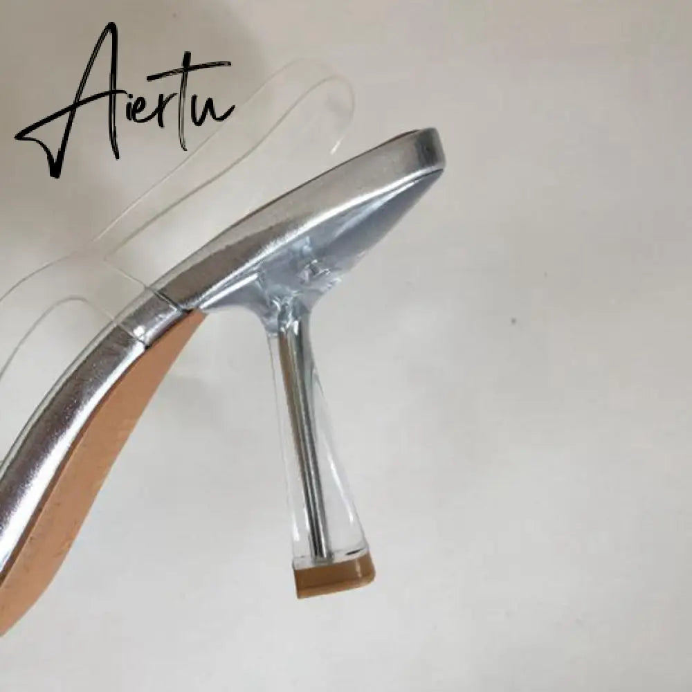 Aiertu New Brand Women Slingback Shoes Fashion PVC Transparent Ladies Elegant Sandals Thin High Heel Pointed Toe Mules S Aiertu