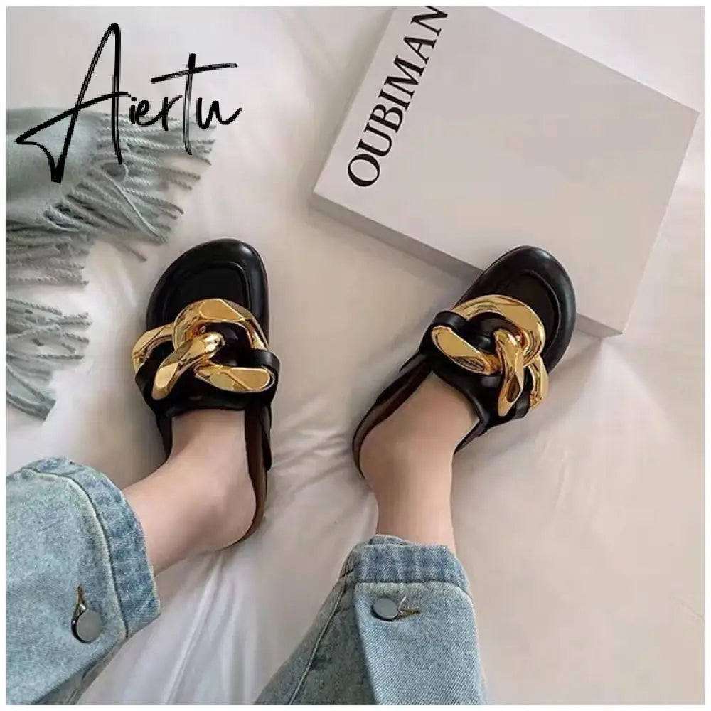Aiertu  New Brand Women Slipper Fashion Chain Decor Round Toe Flats Mules Lazy Loafer Women Outdoor Slides Slip On Sandal Aiertu