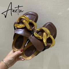 Aiertu  New Brand Women Slipper Fashion Chain Decor Round Toe Flats Mules Lazy Loafer Women Outdoor Slides Slip On Sandal Aiertu