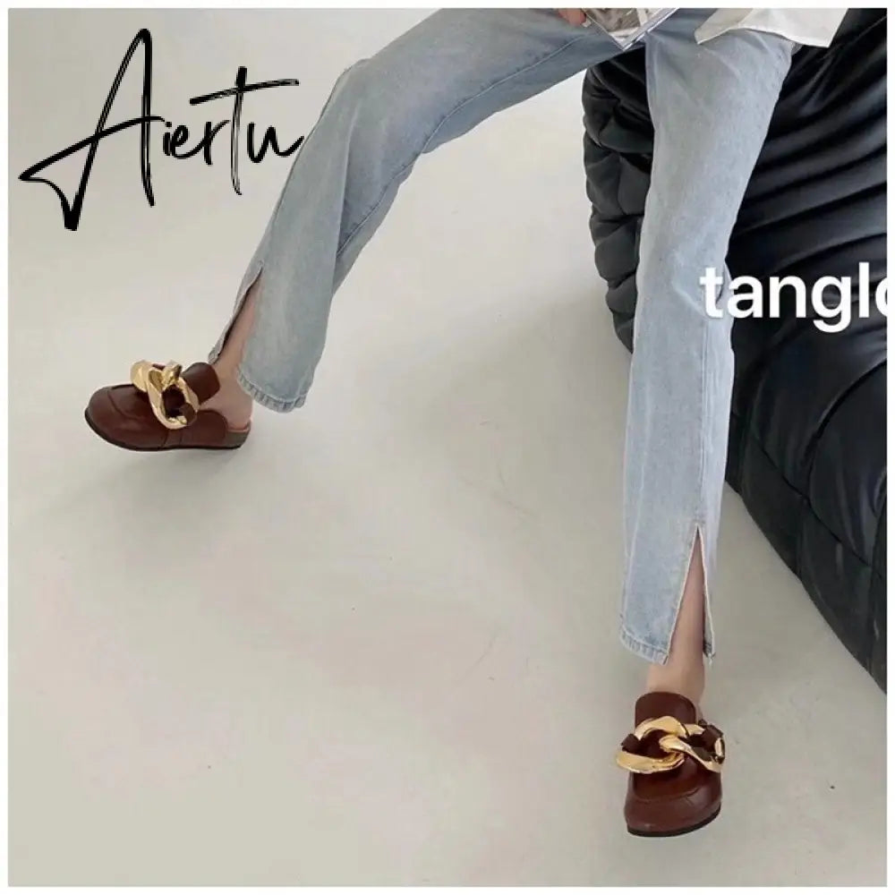 Aiertu  New Brand Women Slipper Fashion Chain Decor Round Toe Flats Mules Lazy Loafer Women Outdoor Slides Slip On Sandal Aiertu