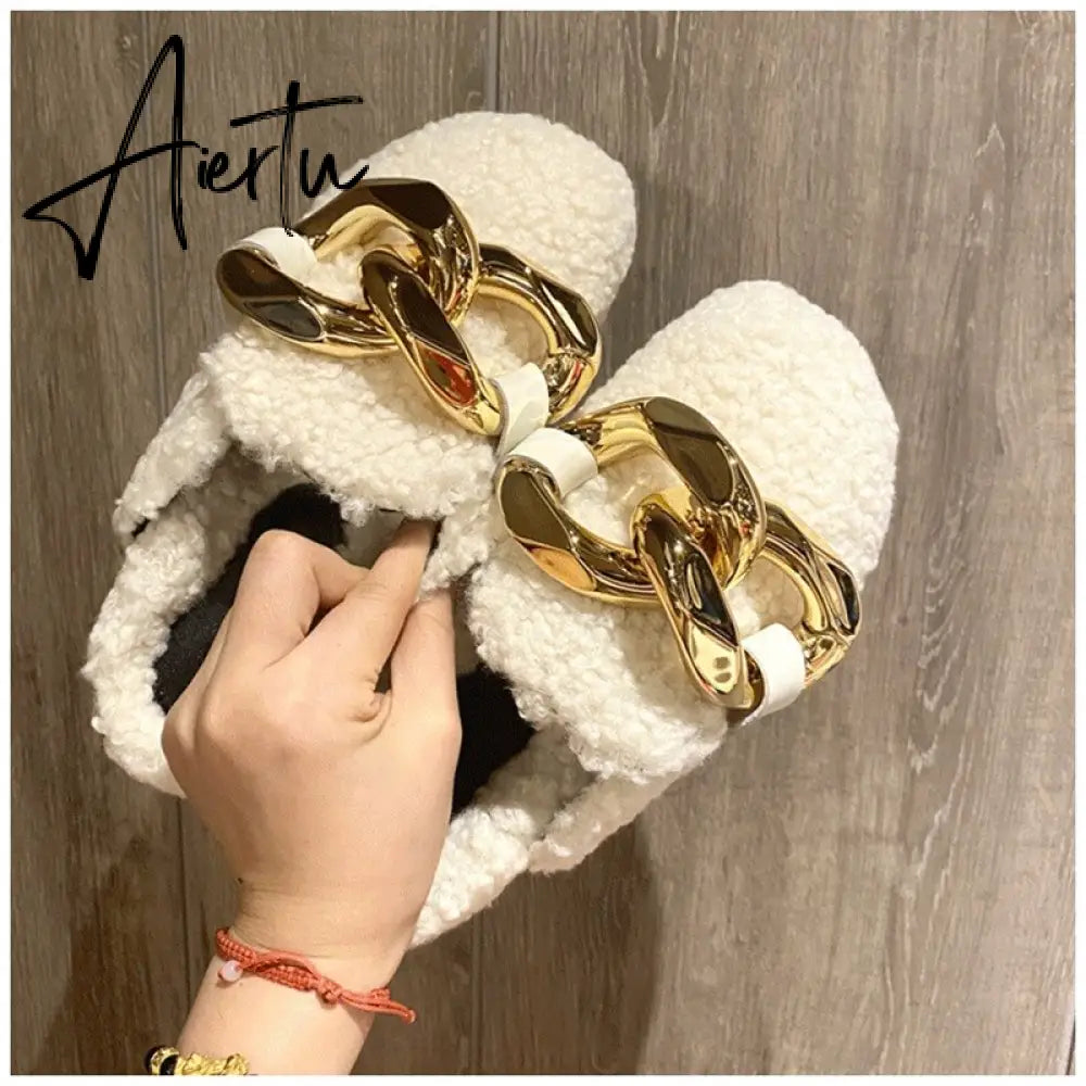 Aiertu  New Brand Women Slipper Fashion Chain Decor Round Toe Flats Mules Lazy Loafer Women Outdoor Slides Slip On Sandal Aiertu