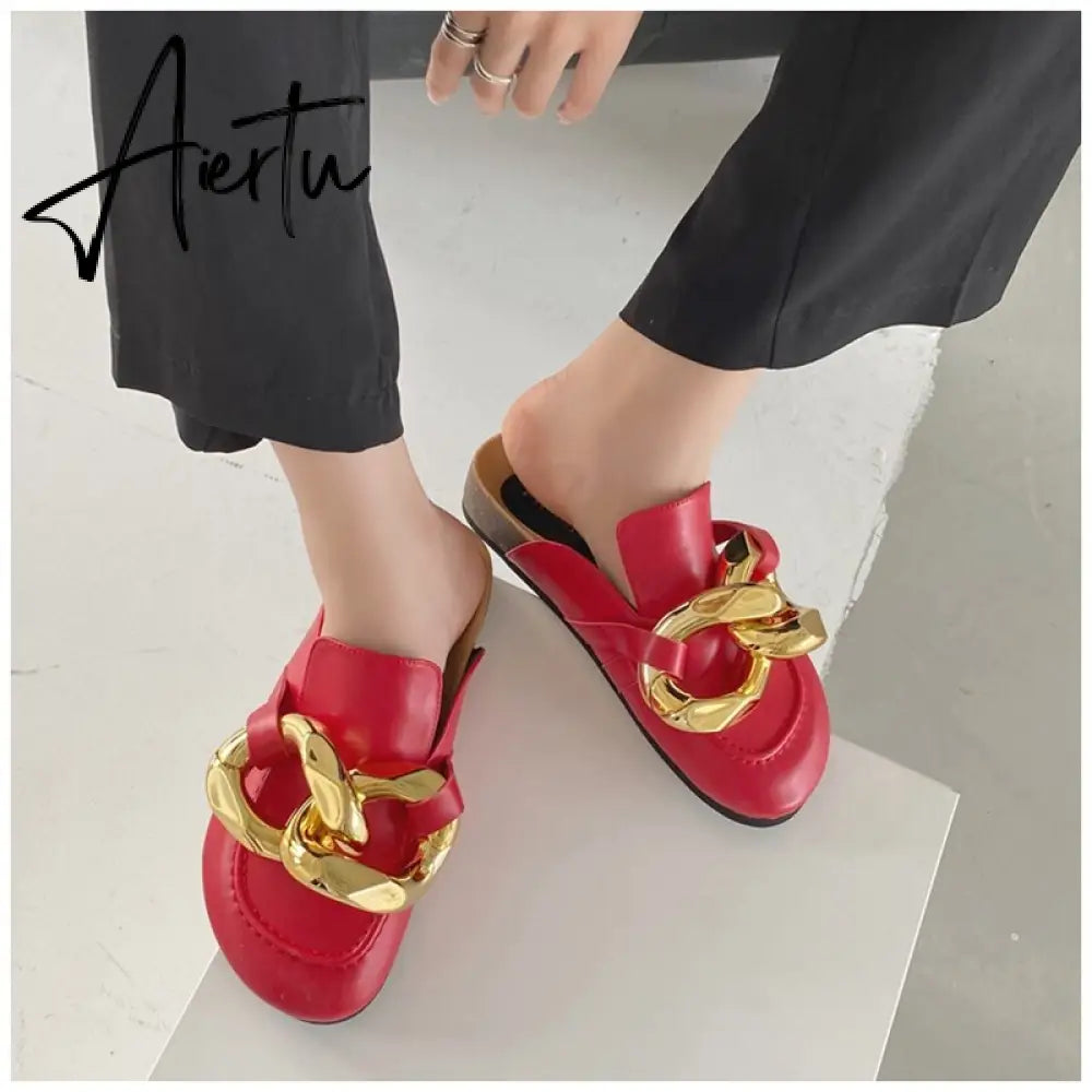 Aiertu  New Brand Women Slipper Fashion Chain Decor Round Toe Flats Mules Lazy Loafer Women Outdoor Slides Slip On Sandal Aiertu
