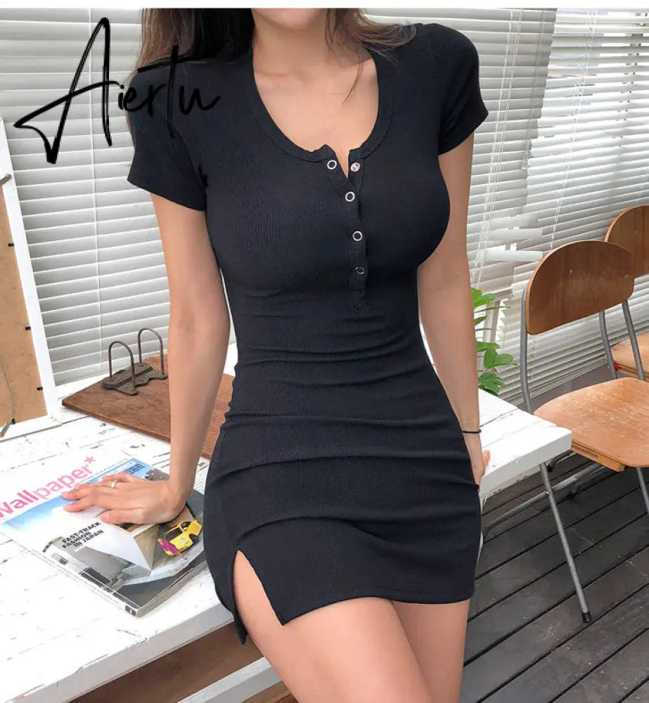Aiertu new buttons Summer Dress Black white Short Sleeve mini Dress Women Casual Slim High Elastic Bodycon Sexy Party Dresses Vestidos Aiertu