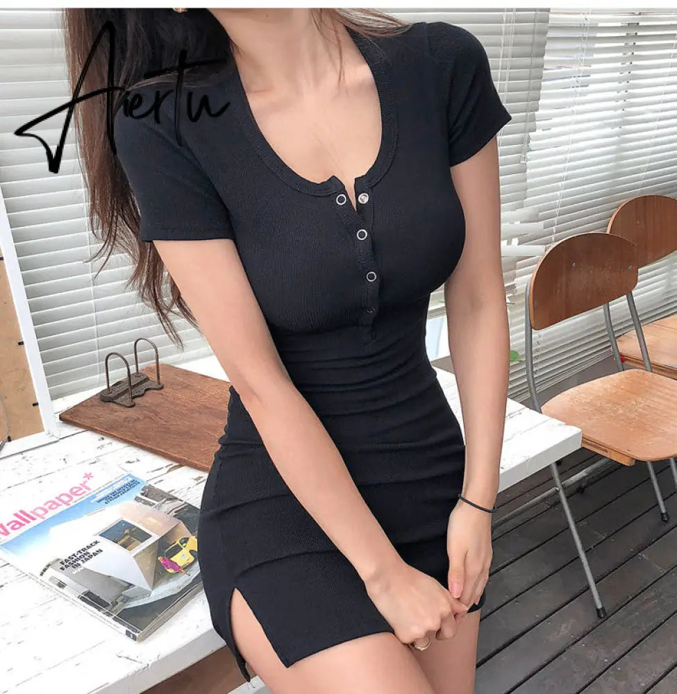 Aiertu new buttons Summer Dress Black white Short Sleeve mini Dress Women Casual Slim High Elastic Bodycon Sexy Party Dresses Vestidos Aiertu