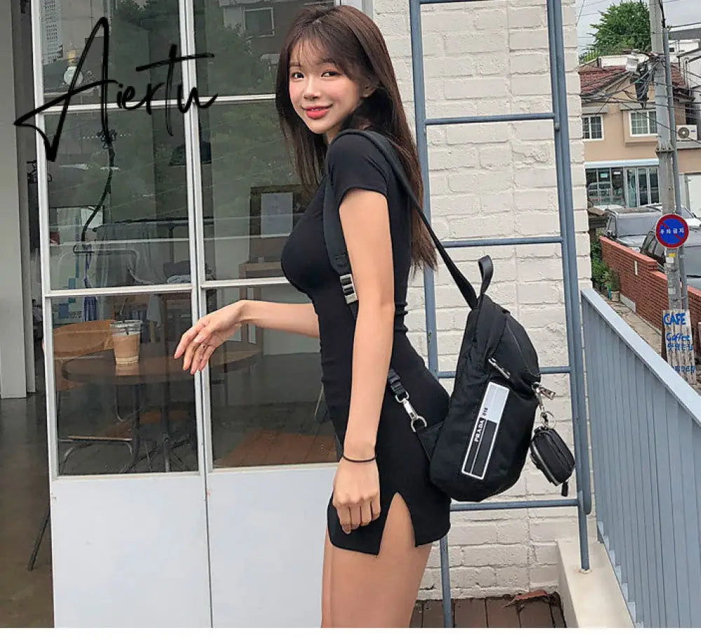 Aiertu new buttons Summer Dress Black white Short Sleeve mini Dress Women Casual Slim High Elastic Bodycon Sexy Party Dresses Vestidos Aiertu