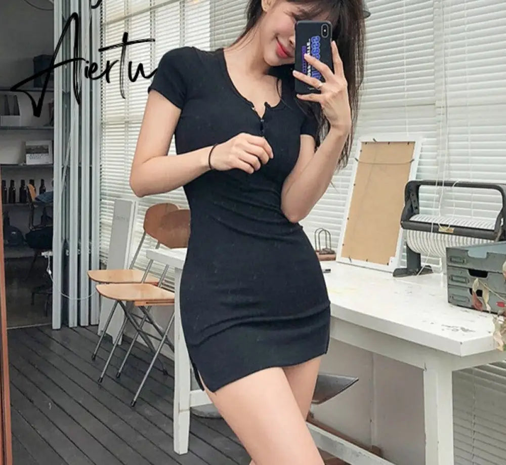 Aiertu new buttons Summer Dress Black white Short Sleeve mini Dress Women Casual Slim High Elastic Bodycon Sexy Party Dresses Vestidos Aiertu