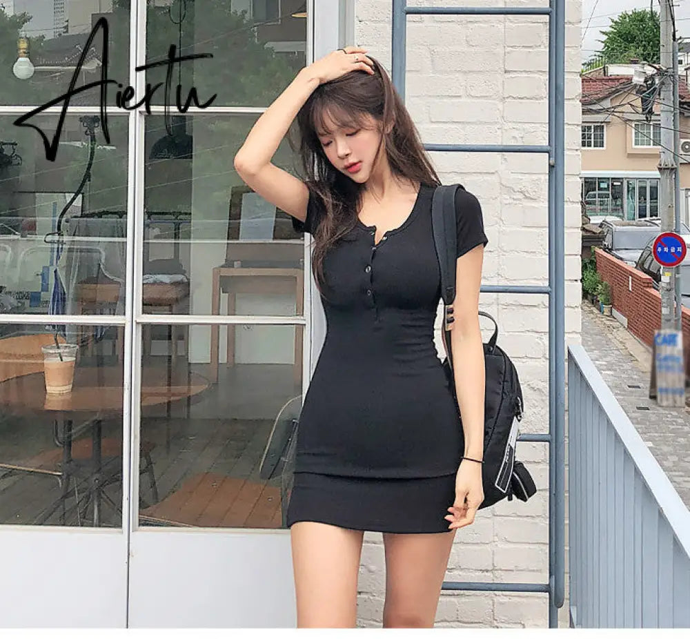 Aiertu new buttons Summer Dress Black white Short Sleeve mini Dress Women Casual Slim High Elastic Bodycon Sexy Party Dresses Vestidos Aiertu